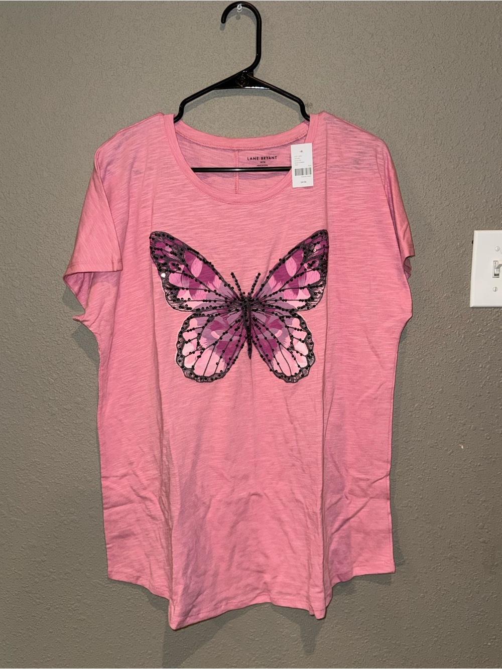 Lane Bryant Pink Short Sleeve Tee with Decorative sequin Butterfly